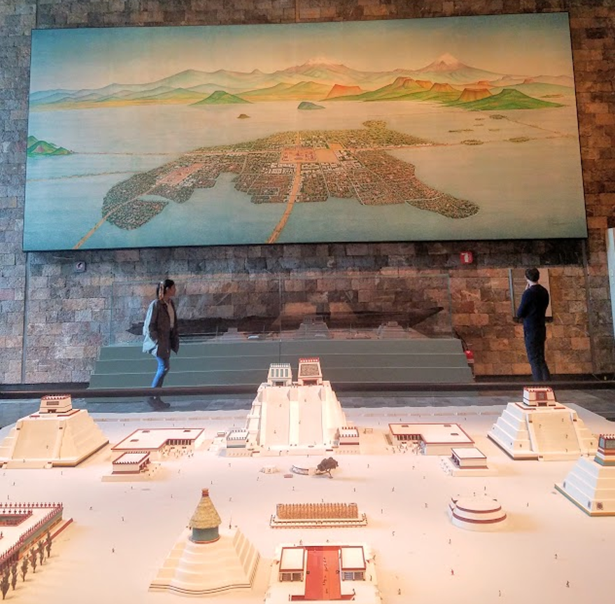 A portrait of Tenochtitlan and a model the Templo Mayor at the National Museum of Anthropology in Mexico City.